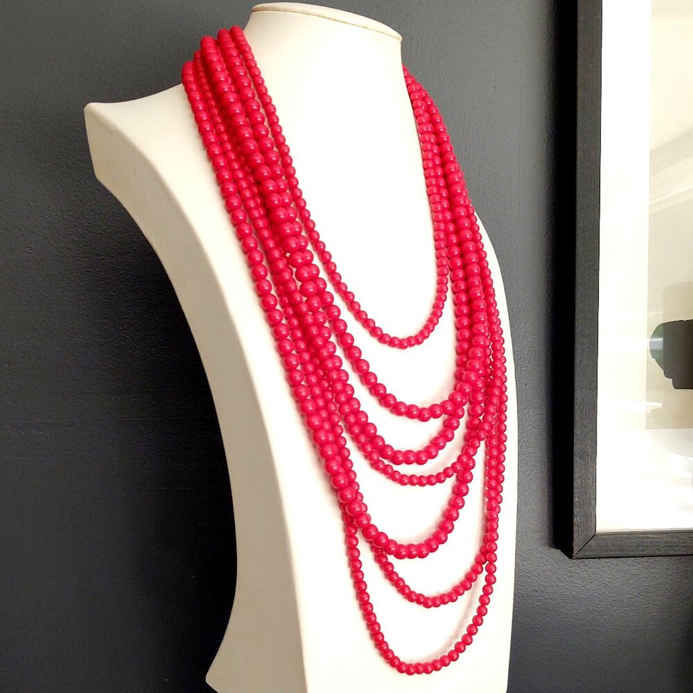 Long 7 strand layered red beaded necklace - Picture 3 of 10